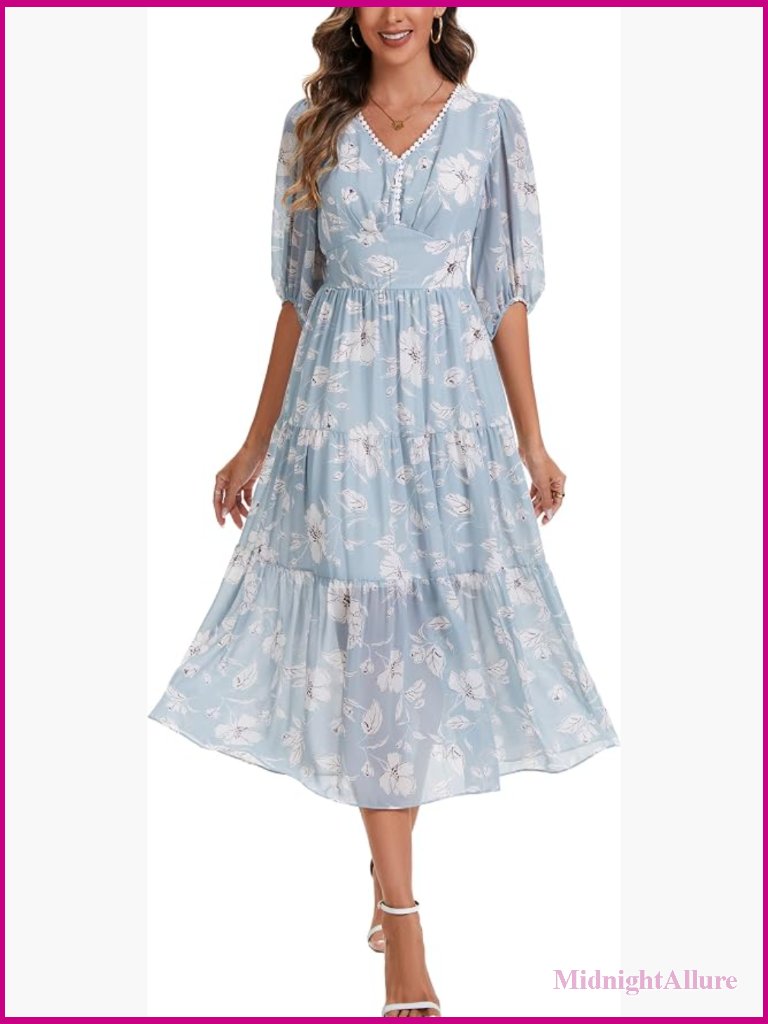 V Neck 3/4 Sleeve Flowy Maxi Dress Tiered Ruffle Wedding Guest